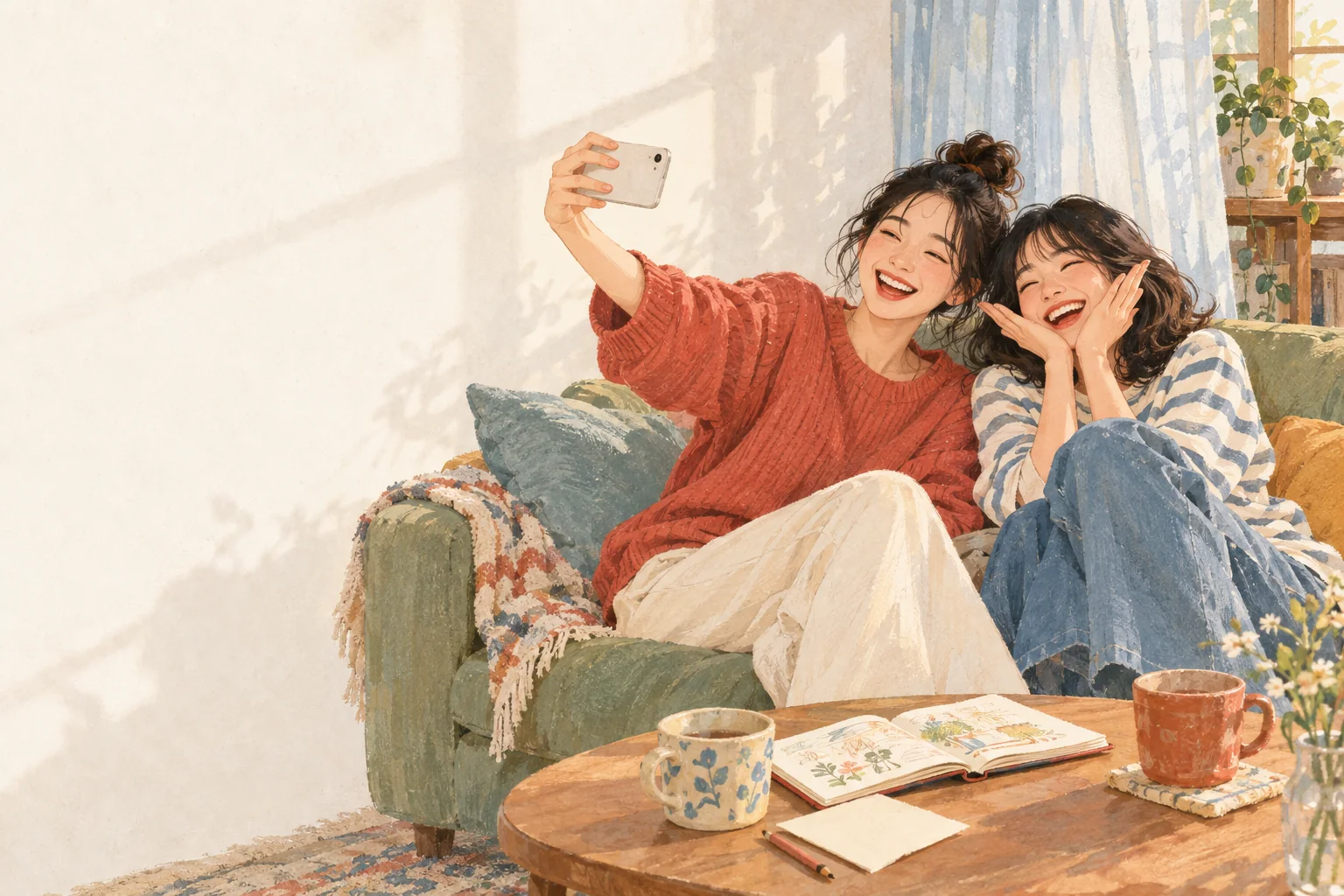 兩位朋友在沙發上開心合照的生活插圖