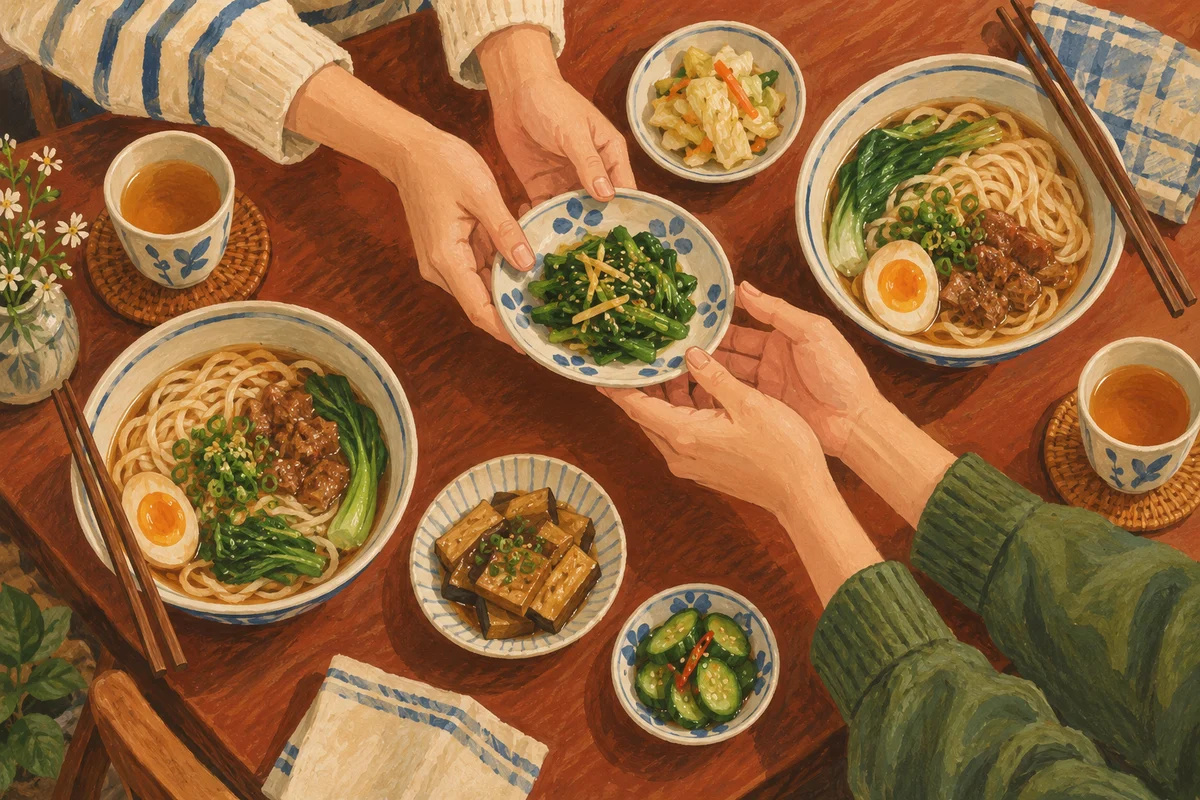 餐桌上，朋友把小菜遞給彼此，日常情境插畫